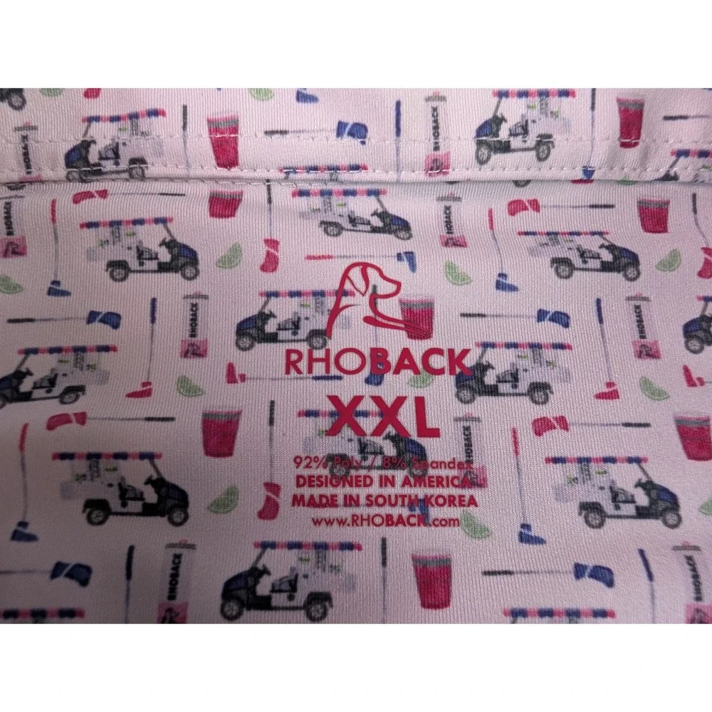 Rhoback Mens XXL Golf Cart Drink Print Performance Polo Shirt White Red Blue - Picture 3 of 8